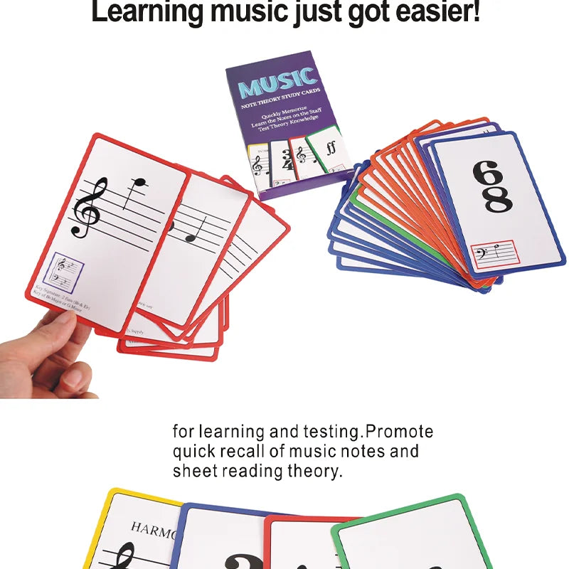 Colorful music study flash cards with music symbols and syllable names education on white cardstock with colored borders