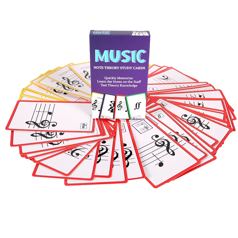 Purple box of 50 music study flash cards with red and yellow bordered flashcards for syllable names education and music symbols