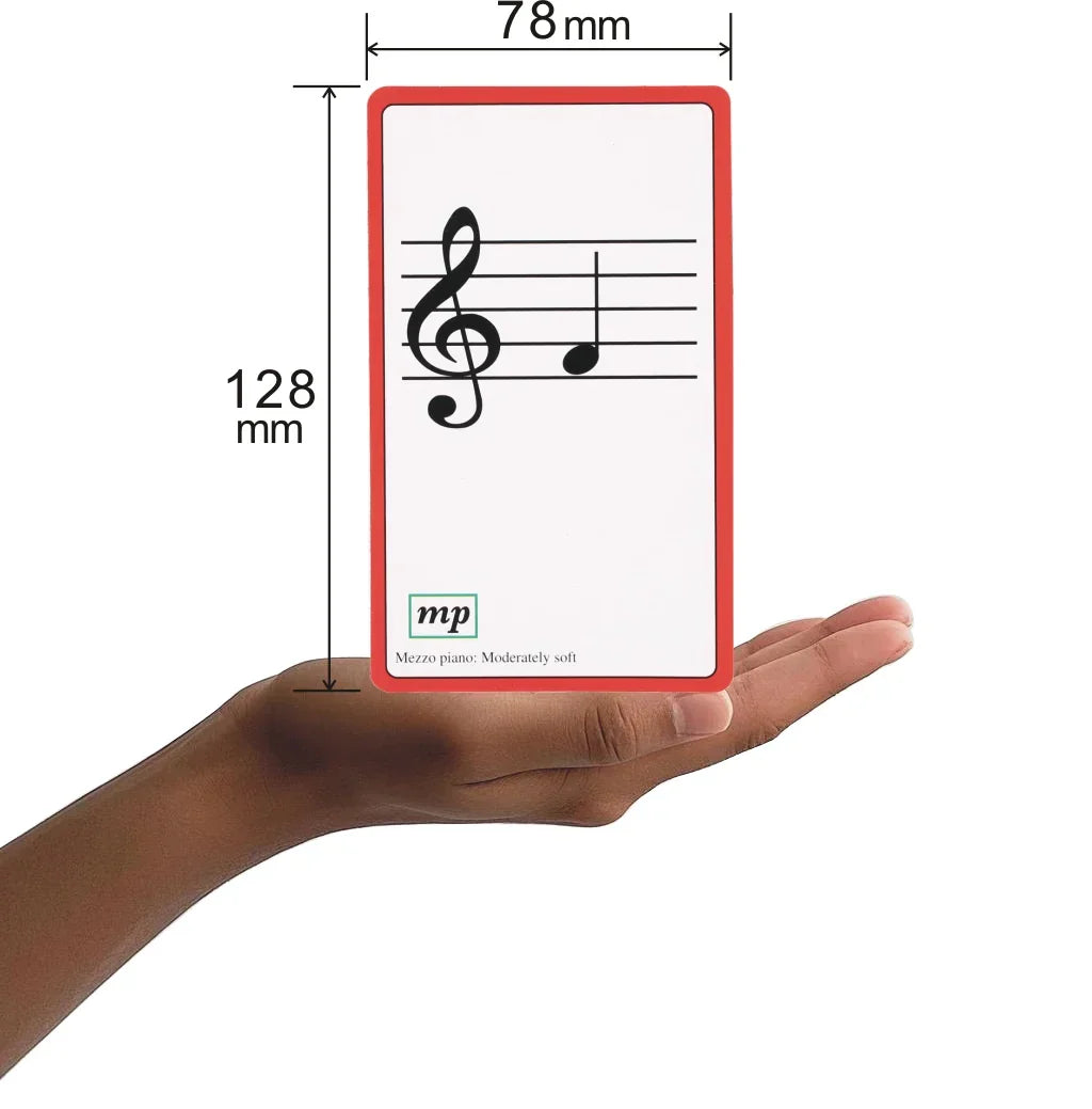 A rectangular white music study flash card with a red border showing black music symbols and syllable names education