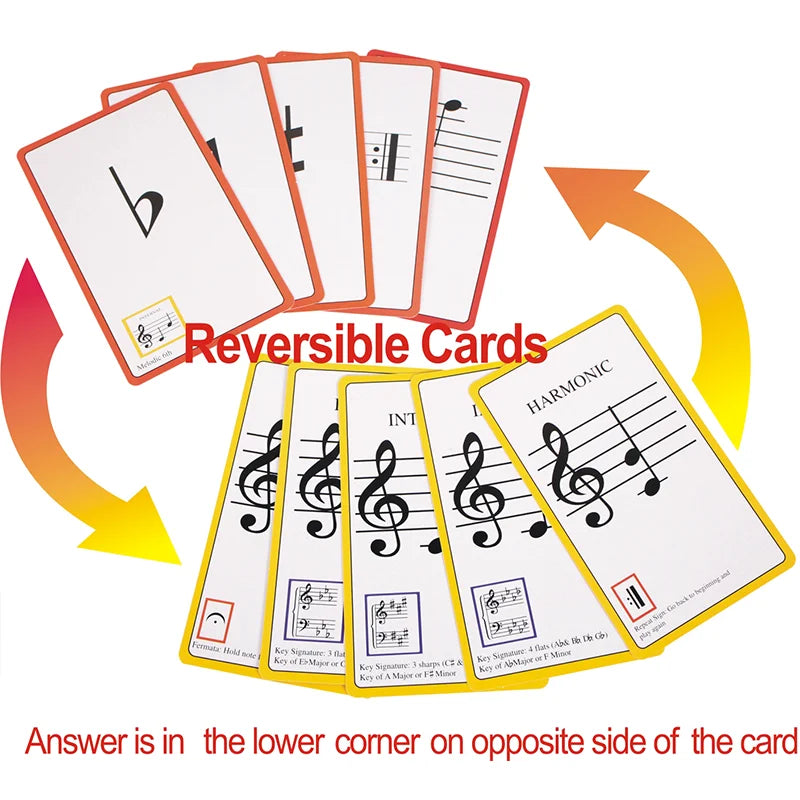 Reversible music study flash cards with black music symbols on white cards with orange and yellow borders for syllable names education