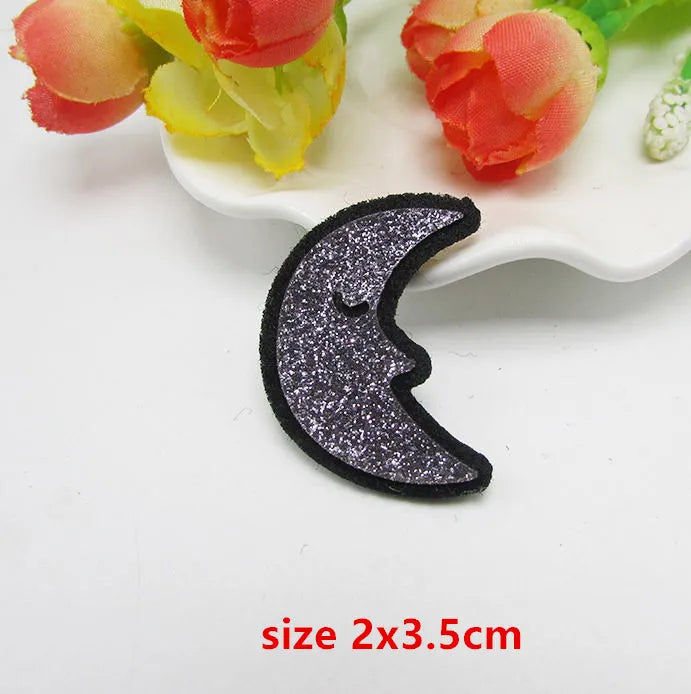 Black glittery crescent moon sparkle patch padded with stitched edge for applique decoration diy crafts