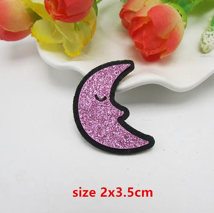 Pink glittery crescent moon sparkle patch padded felt with black outline and closed eyes for applique decoration diy