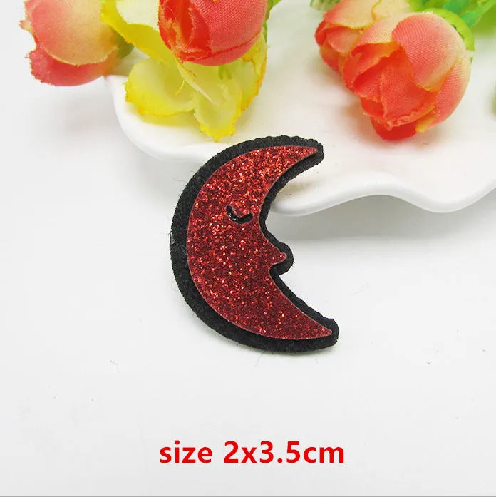 Red glittery sparkle patch padded crescent moon with black border and smiling face for applique decoration diy