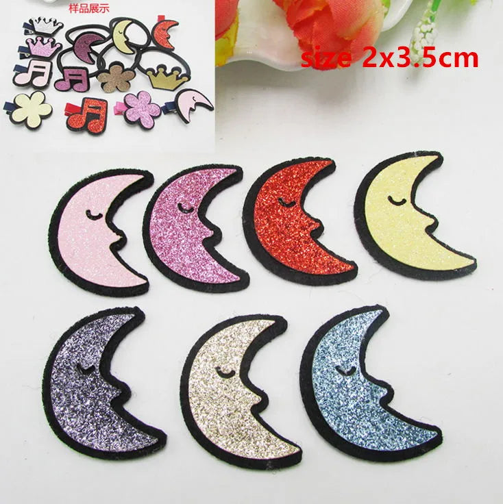 Glittery crescent moon sparkle patch padded felt applique decoration diy in pink purple red yellow blue and silver with black outlines