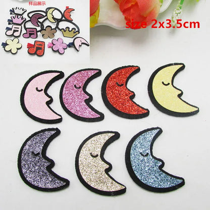 Glittery crescent moon sparkle patch padded felt applique decoration diy in pink purple red yellow blue and silver with black outlines