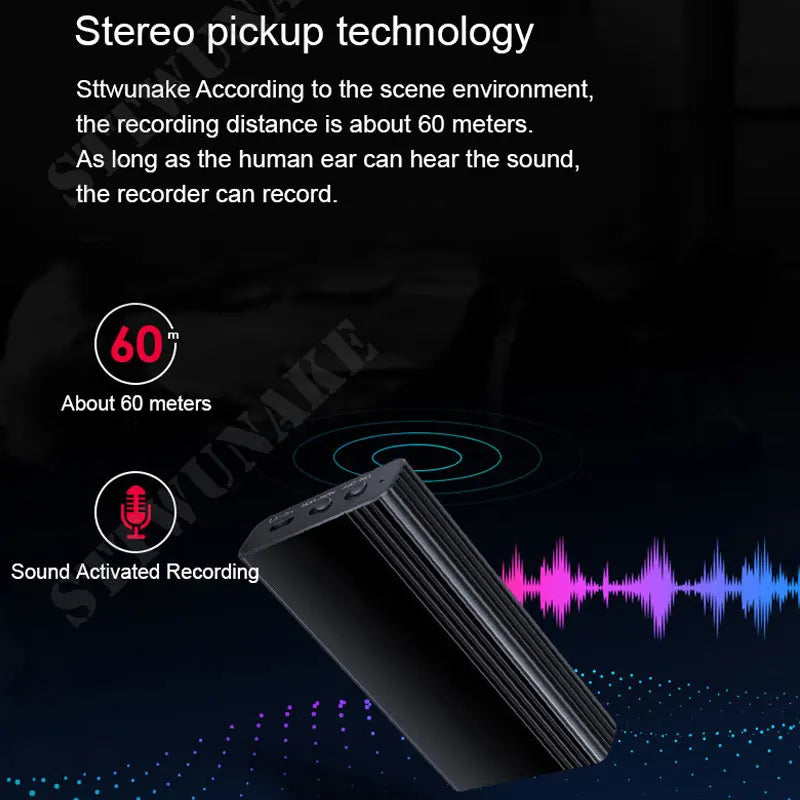 Black rectangular voice activated recorder with ribbed surface and built-in magnet small digital audio device