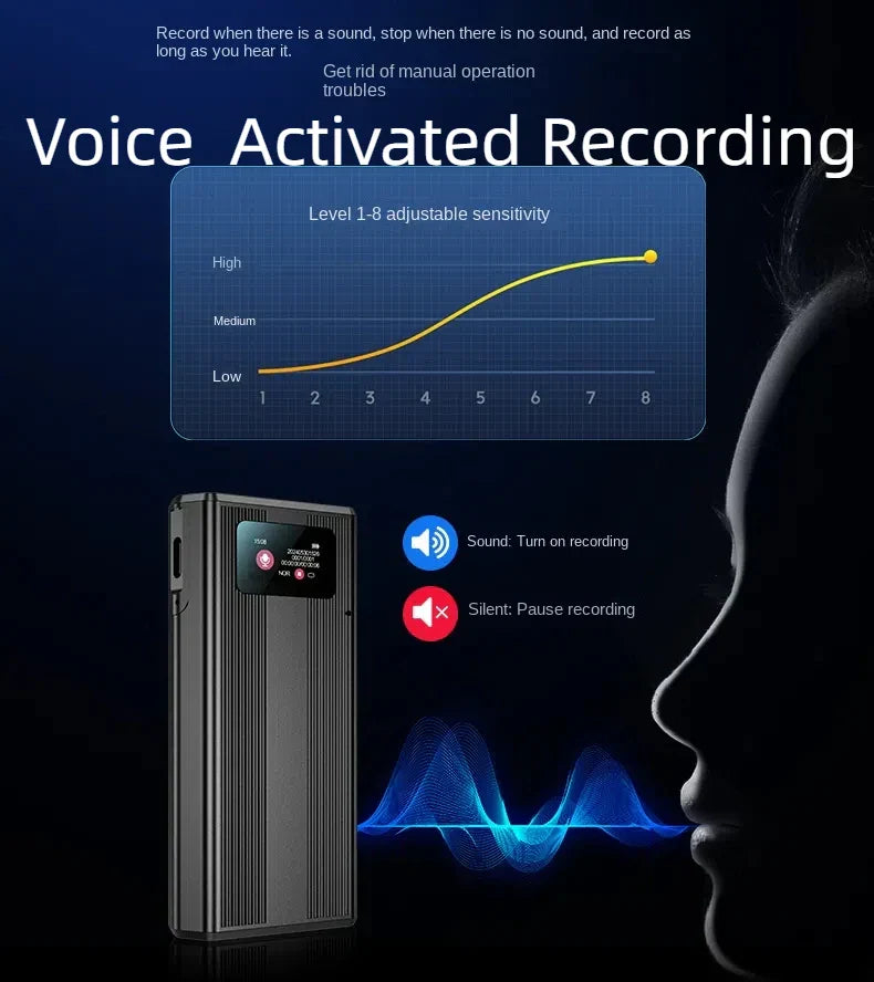 Black rectangular voice recorder espia with vertical ridges 500hrs sound activated reduce portable magnet design