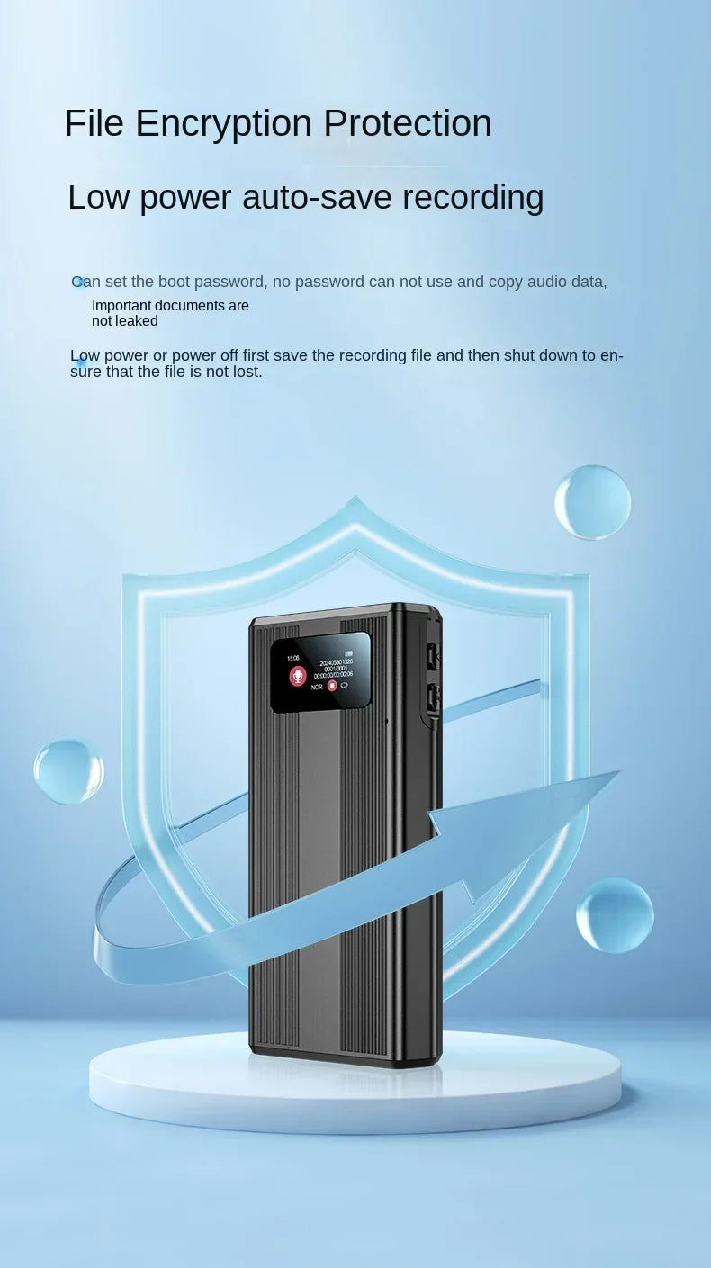 Black rectangular 500hrs sound activated voice recorder espia with small screen and reduce portable magnet ports