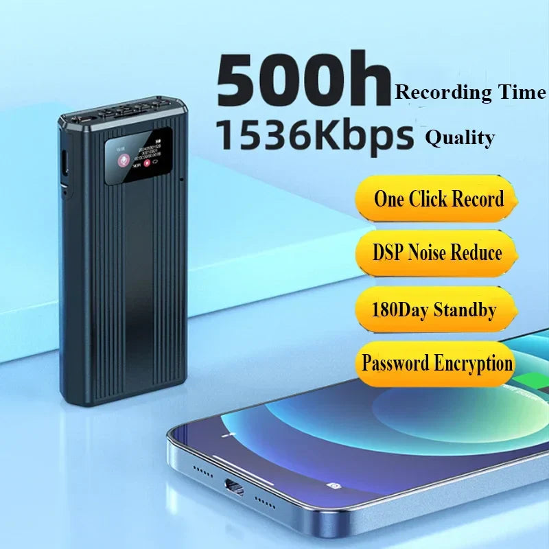 Black rectangular 500hrs sound activated voice recorder espia with digital display and vertical ridges for reduce portable magnet use