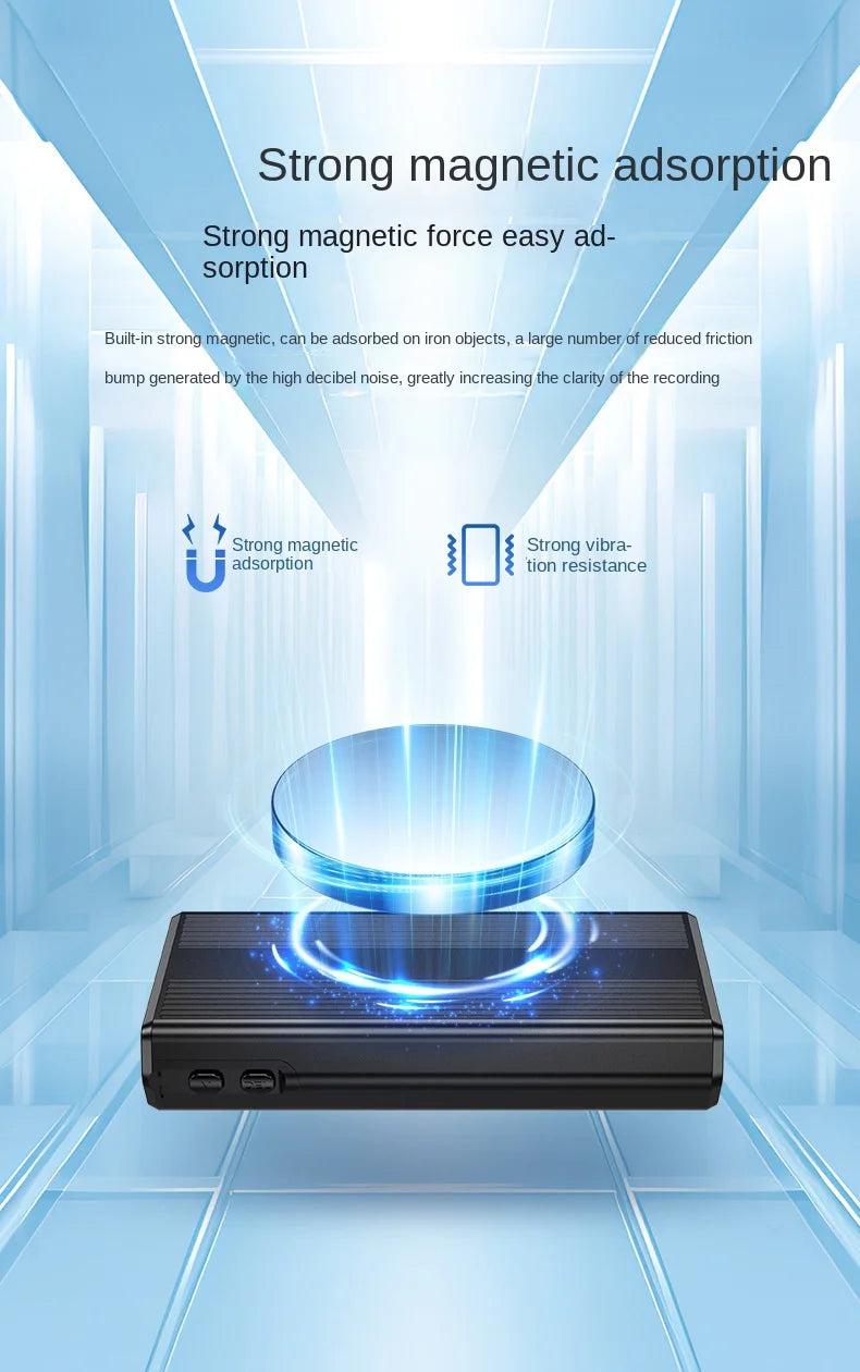Black rectangular 500hrs sound activated voice recorder espia with textured surface and glowing blue reduce portable magnet effect