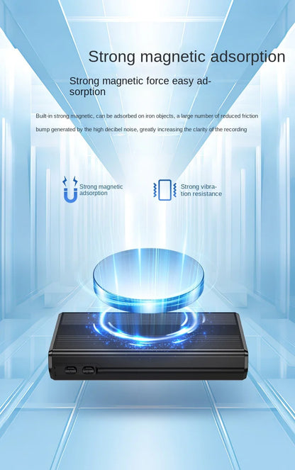 Black rectangular 500hrs sound activated voice recorder espia with textured surface and glowing blue reduce portable magnet effect
