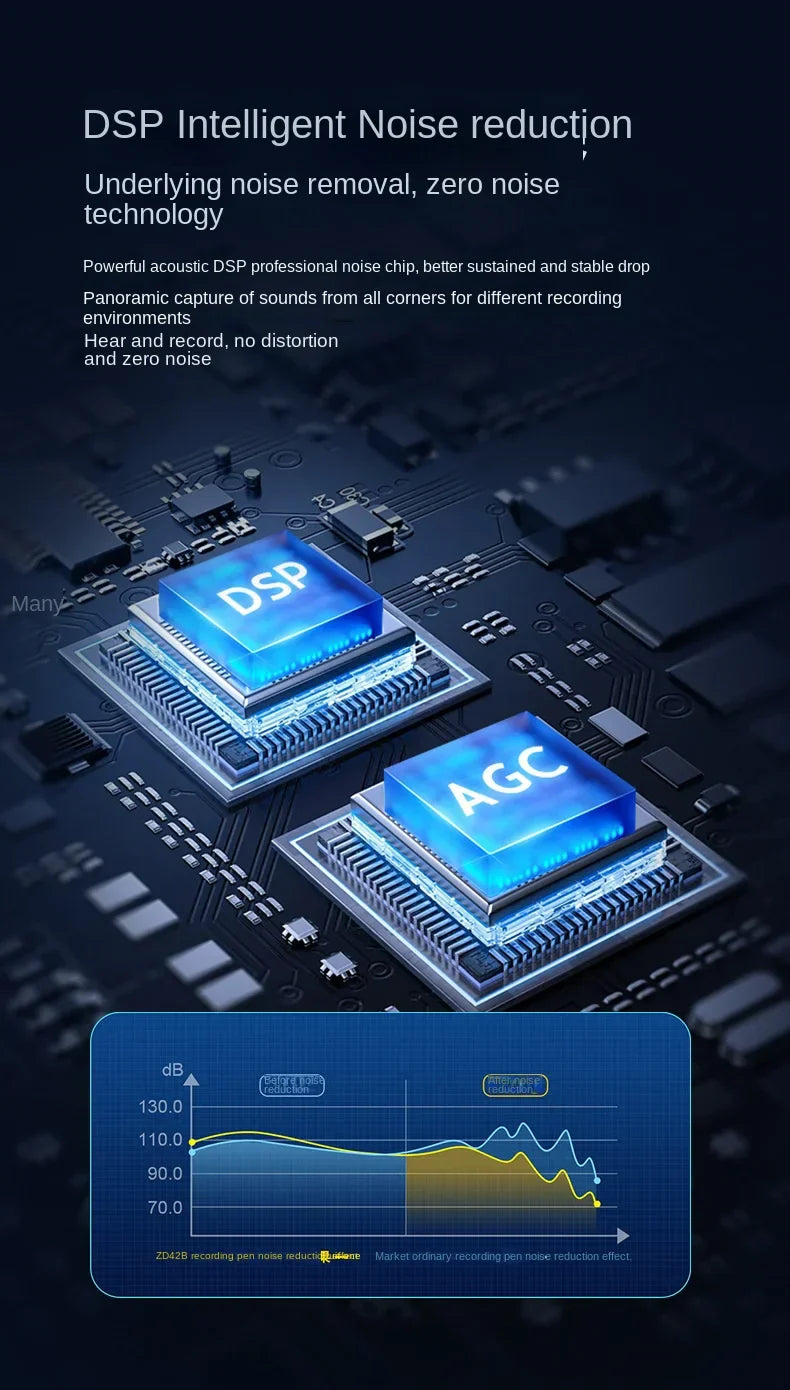 Blue glowing dsp and agc chips on circuit board of 500hrs sound activated voice recorder espia with reduce portable magnet
