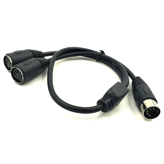 Black midi splitter adapter cable with one male and two female extension audio connectors for midi keyboards