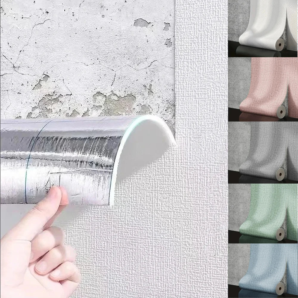 Silver metallic textured self-adhesive foam wall panel with 3d linen pvc texture peeled from wall for living room decor