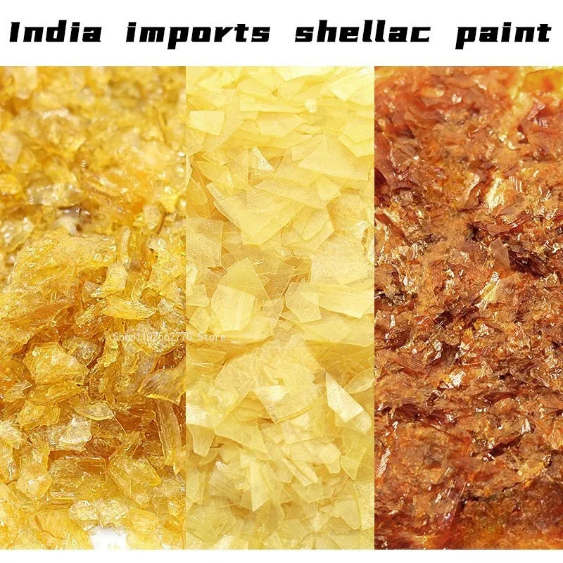 Golden and amber translucent shellac varnish flakes showcasing crystalline textures for 50g shellac varnish primer handmade guitar material