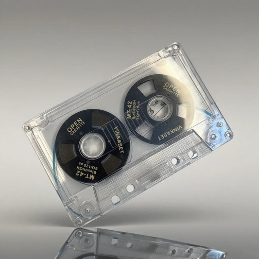 Clear plastic 50min audio cassette with black spools and gold vinaaset branding reel cassette blank metal reel hifi tape