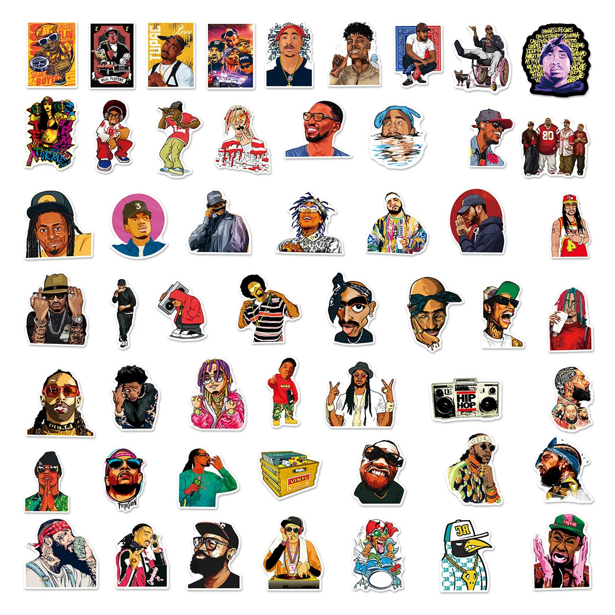 Collection of colorful cool dj rap stickers featuring vibrant hip hop artists for diy scrapbooking phone and skateboard waterproof decals