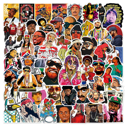 A vibrant collection of 50pcs cool dj rap stickers featuring colorful hip-hop artists for diy scrapbooking phone and skateboard waterproof decals