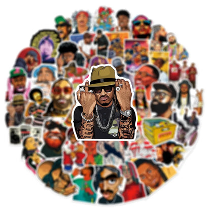 A vibrant collection of colorful cartoon-style cool dj rap stickers including a man in a tan hat for diy scrapbooking phone and skateboard waterproof decals