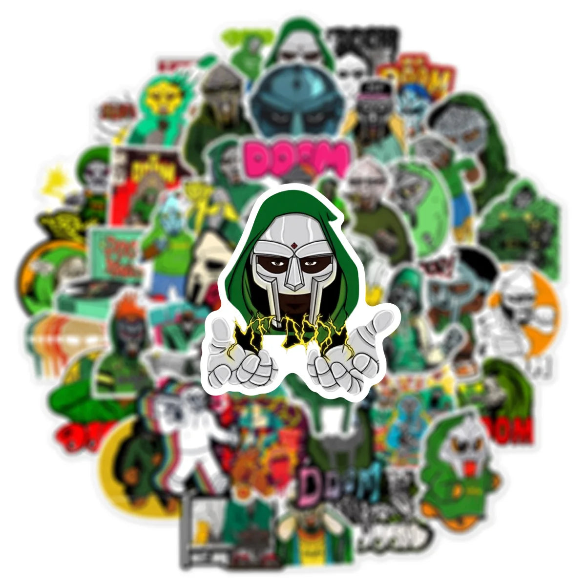 Green and silver mf doom rapper sticker with lightning bolts for graffiti skateboard laptop and phone decor