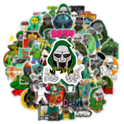 Green and silver mf doom rapper sticker with lightning bolts for graffiti skateboard laptop and phone decor