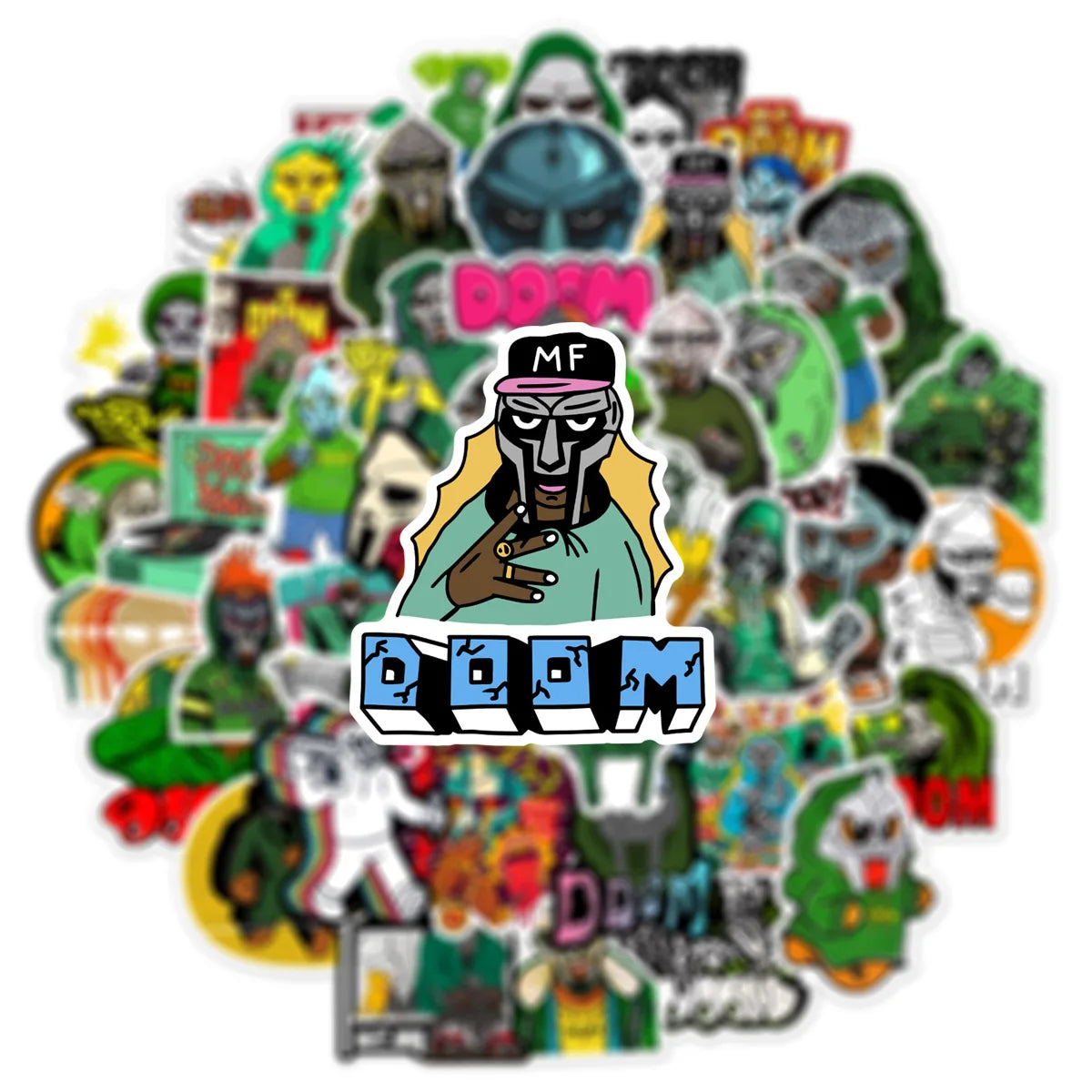 A vibrant collection of colorful doom-themed stickers featuring various designs and the iconic doom logo for diy use