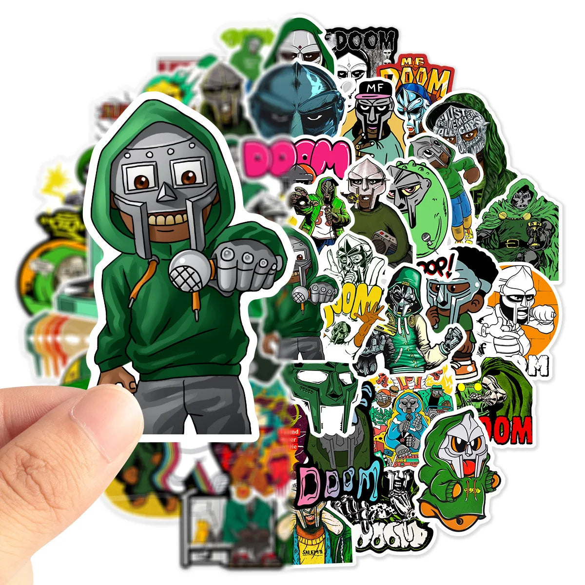 A vibrant collection of 50pcs hip hop rapper mf doom stickers featuring green hoodies and metallic masks for DIY use