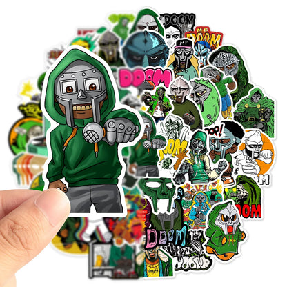 A vibrant collection of 50pcs hip hop rapper mf doom stickers featuring green hoodies and metallic masks for DIY use