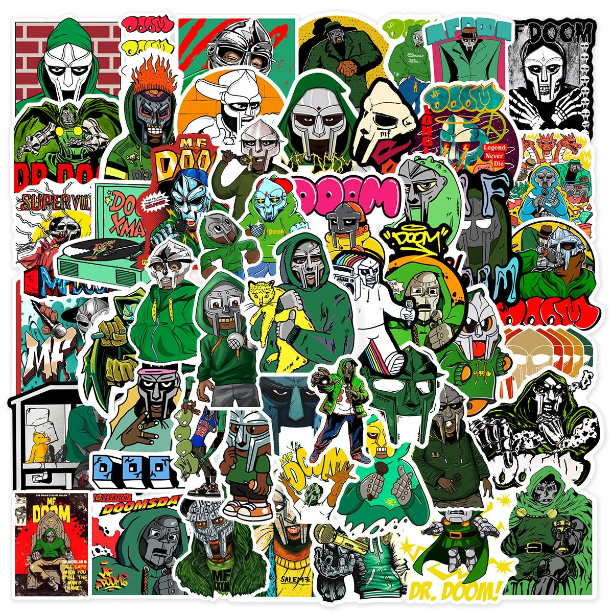 A vibrant collection of 50pcs hip hop rapper mf doom stickers featuring graffiti designs for skateboard phone and laptop decals