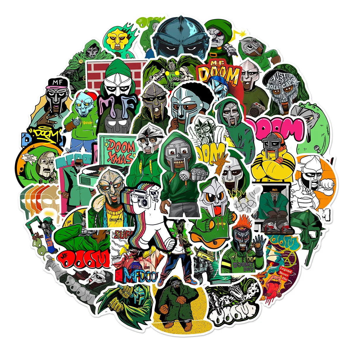 A vibrant collection of 50pcs hip hop rapper mf doom stickers with green and black graffiti designs for diy decals