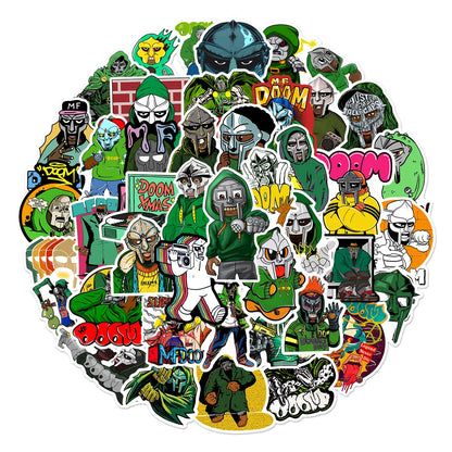 A vibrant collection of 50pcs hip hop rapper mf doom stickers with green and black graffiti designs for diy decals