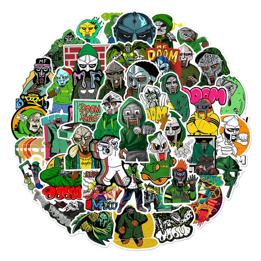A vibrant collection of 50pcs hip hop rapper mf doom stickers with green and black graffiti designs for diy decals