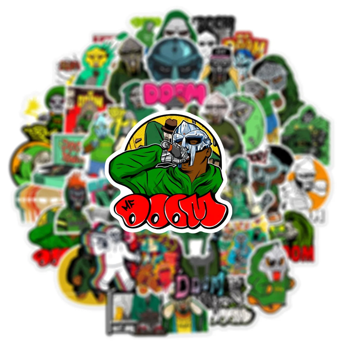 A vibrant green and red mf doom sticker featuring the iconic character in a hooded jacket among hip hop graffiti decals