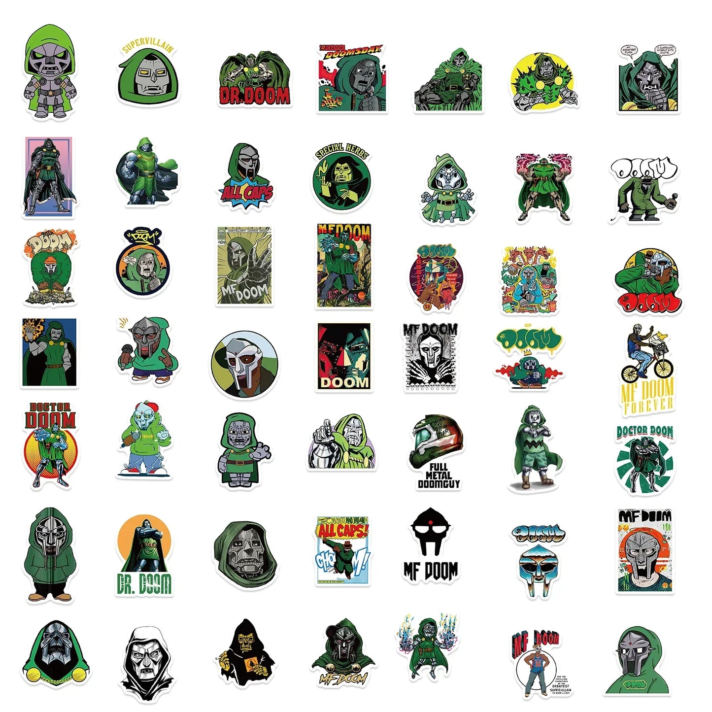 A collection of vibrant green and black rapper mf doom stickers for graffiti diy skateboard luggage laptop guitar use