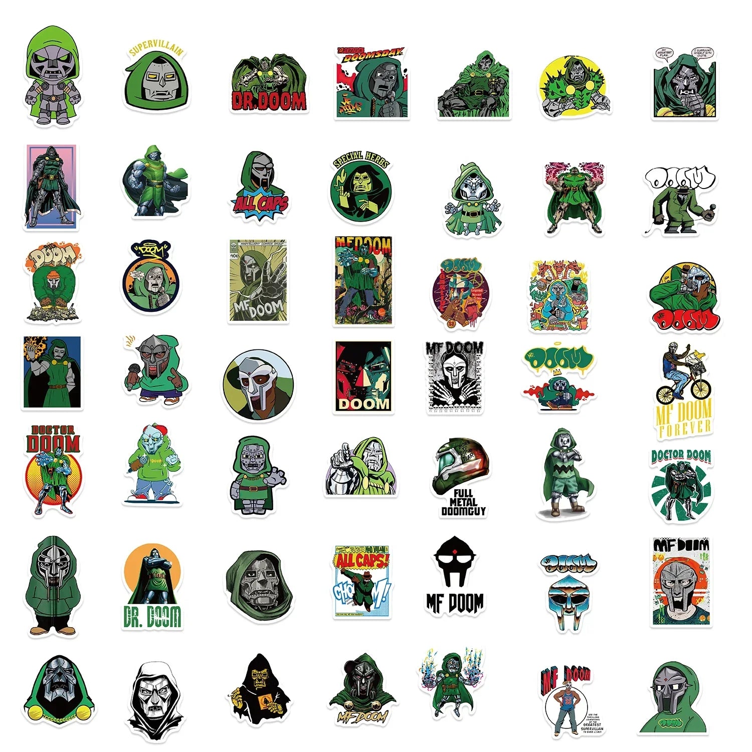 A collection of vibrant green and black rapper mf doom stickers for graffiti diy skateboard luggage laptop guitar use