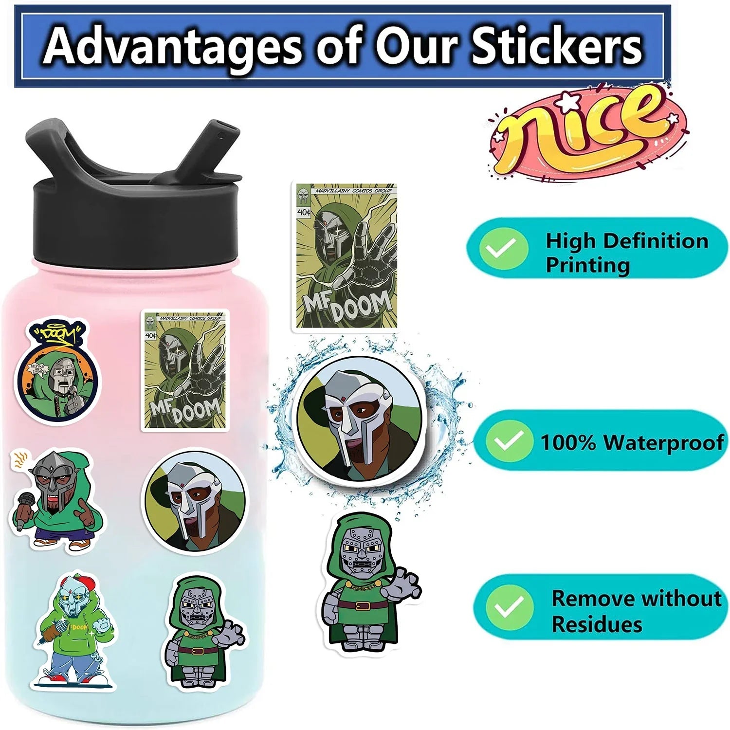 Pink gradient water bottle with black lid decorated with rapper mf doom graffiti diy skateboard stickers for luggage laptop guitar