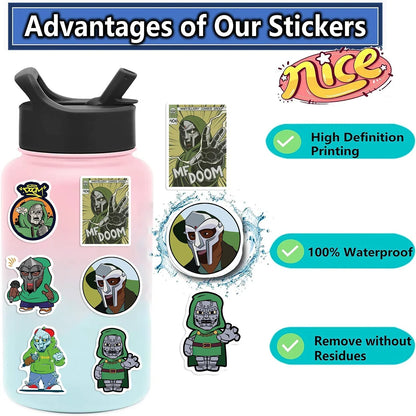 Pink gradient water bottle with black lid decorated with rapper mf doom graffiti diy skateboard stickers for luggage laptop guitar
