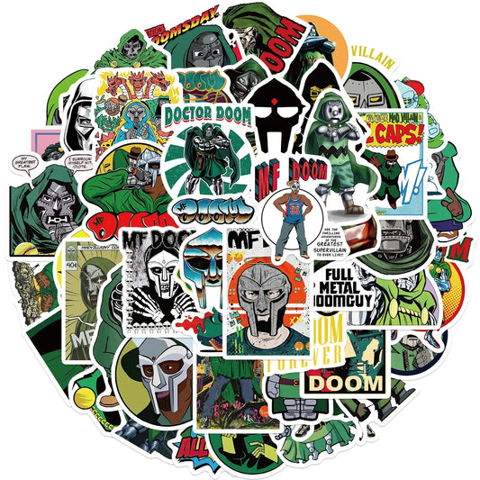 A vibrant collection of 50pcs rapper mf doom stickers with green and black graffiti diy skateboard decals for luggage laptop guitar