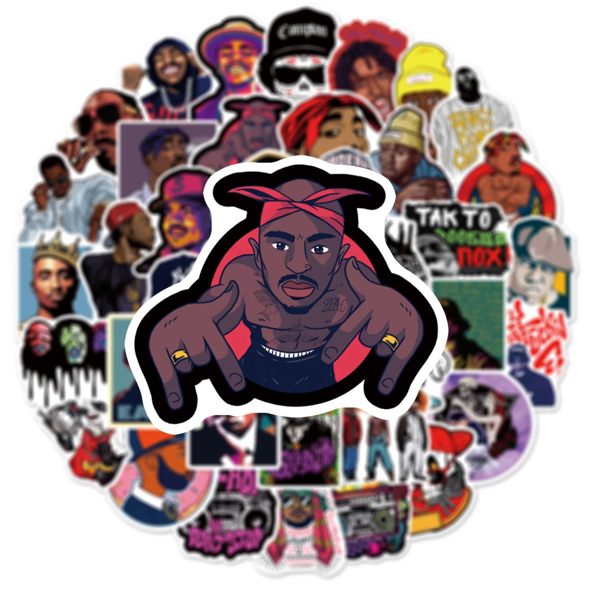 A vibrant glossy vinyl 50pcs mix 2pac sticker featuring hop rap tupac in red bandana for adults diy bike laptop skateboard