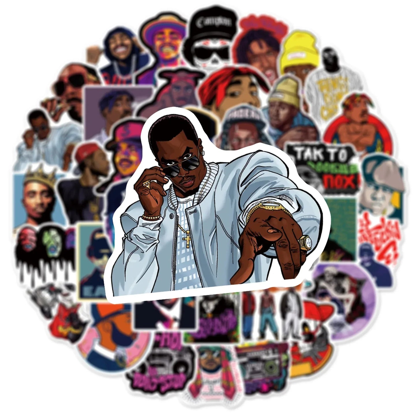 A vibrant cartoon-style vinyl sticker of a man in a light blue jacket with gold accessories for adults diy bike 50pcs mix 2pac