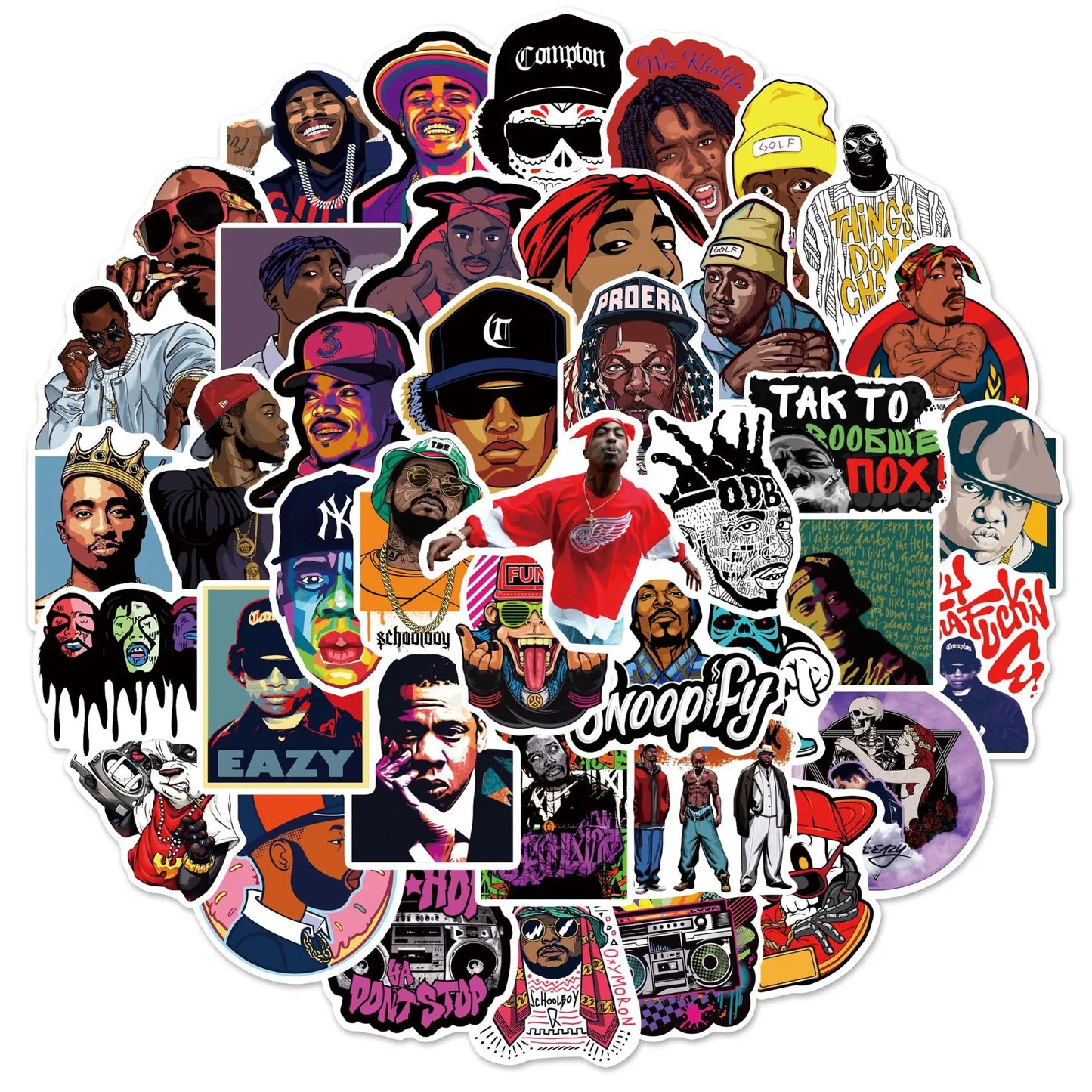 A vibrant collection of colorful 50pcs mix 2pac vinyl stickers featuring hop rap tupac for adults diy bike and laptop use