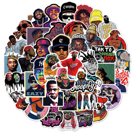 A vibrant collection of colorful 50pcs mix 2pac vinyl stickers featuring hop rap tupac for adults diy bike and laptop use