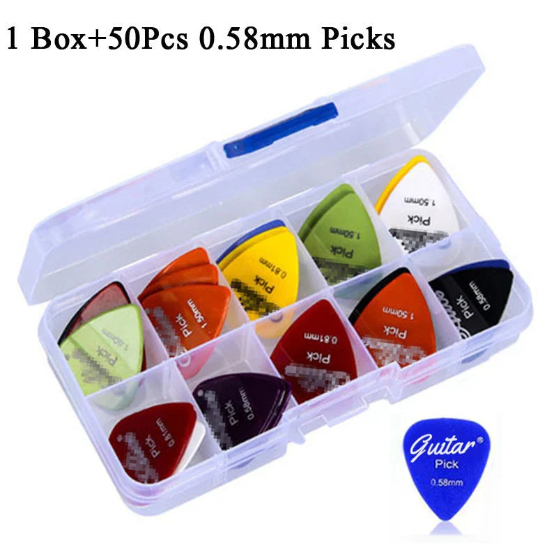 A set of 50 colorful electric guitar picks with 50mm thickness in a clear case for acoustic and electric guitars