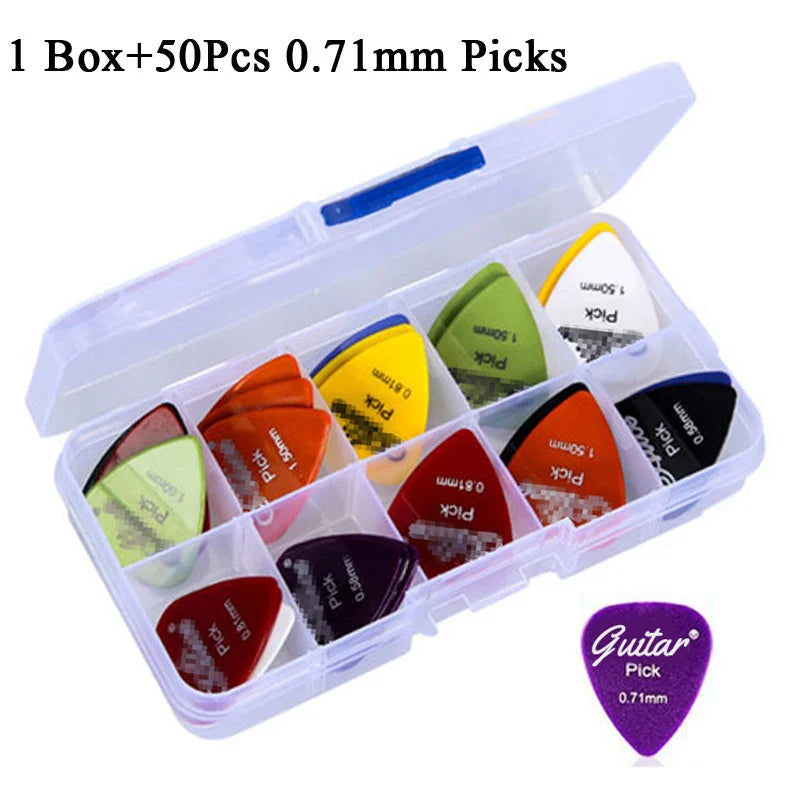 A clear case with 50 colorful electric guitar pick acoustic plectrums in various 50mm thickness guitar sizes