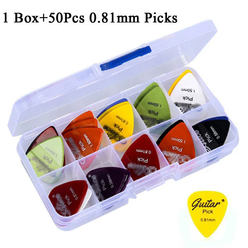 A colorful assortment of 0.81mm electric guitar picks and guitar pick acoustic in a clear case with printed measurements