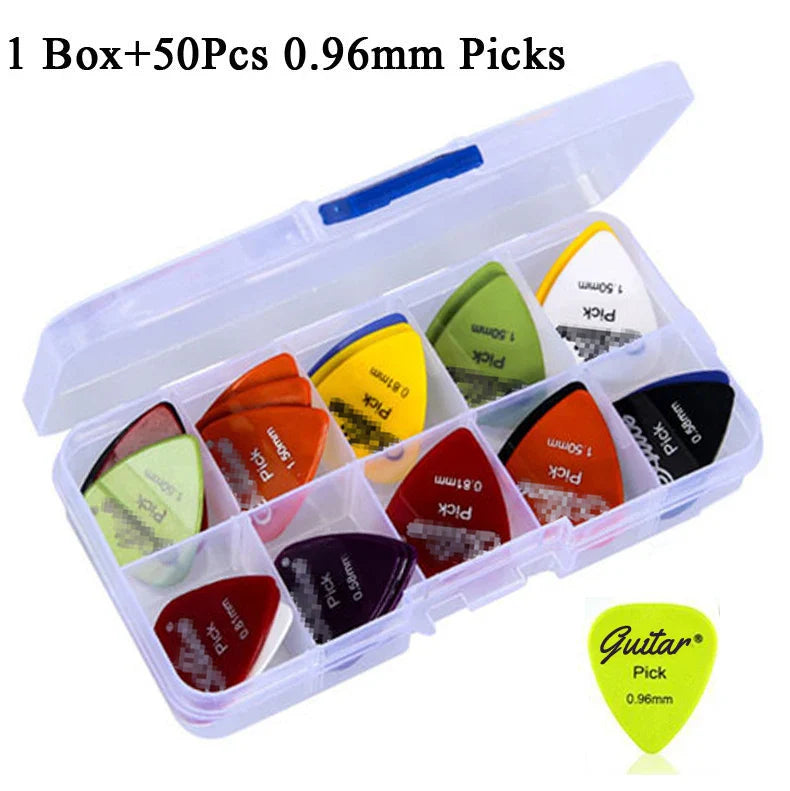 A vibrant set of 50 electric guitar picks in assorted colors with 50mm thickness guitar acoustic plectrum markings