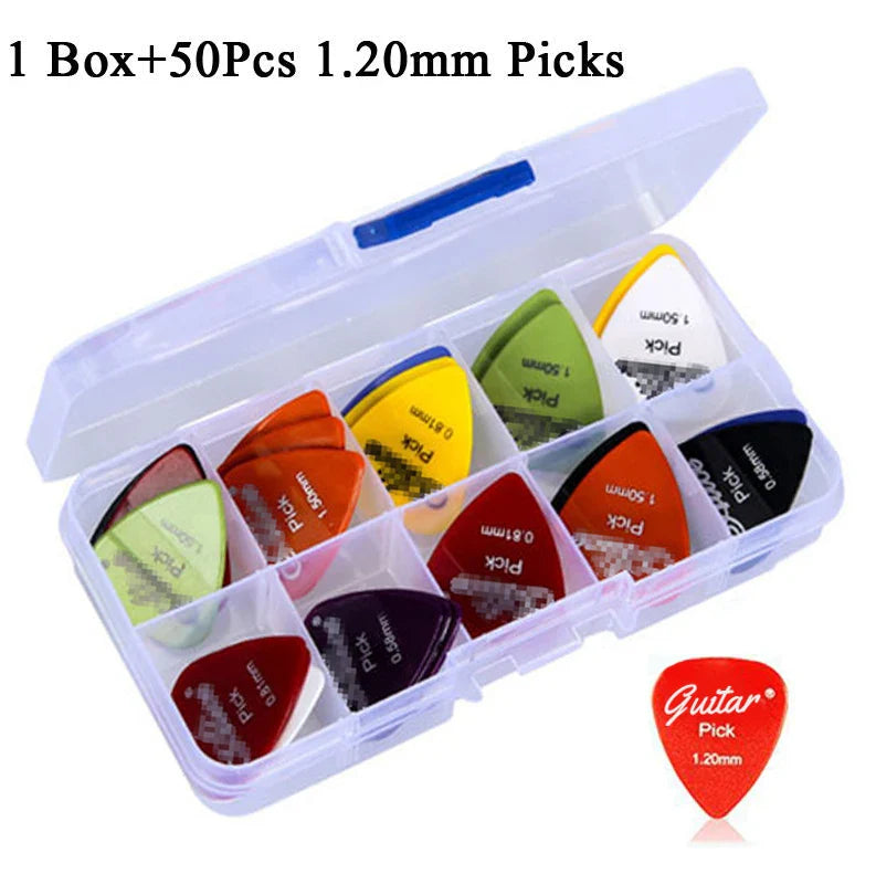 A vibrant red electric guitar pick with glossy finish and white cursive guitar print for acoustic and 50mm thickness guitar use