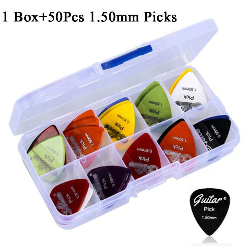 A set of 50 colorful electric guitar picks in various thicknesses including 50mm thickness guitar and acoustic use