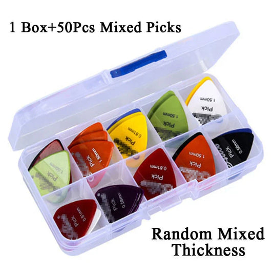 A clear plastic case containing 50 mixed-color electric guitar pick acoustic sets with 0.58 to 1.50mm thickness