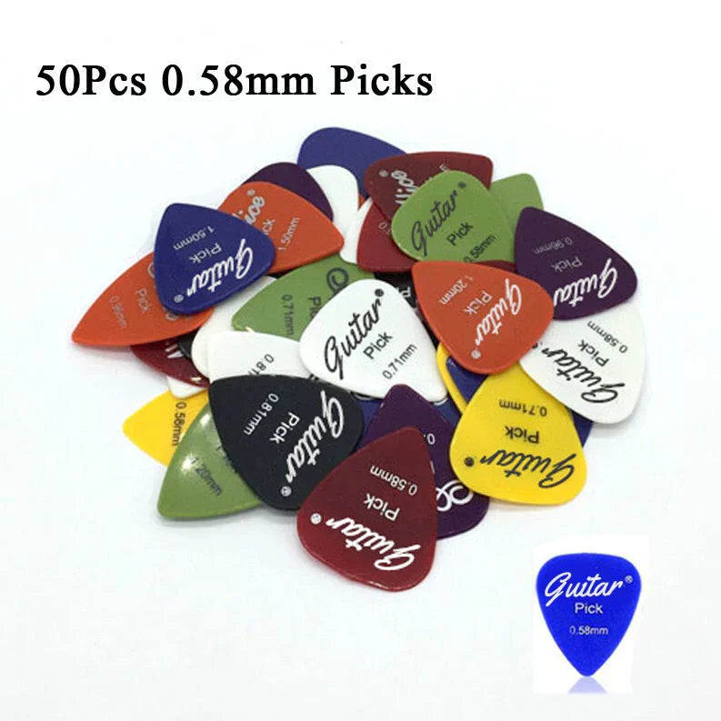 A vibrant set of 50 electric guitar pick acoustic plectrums in assorted colors with 0.58 to 1.50mm thickness